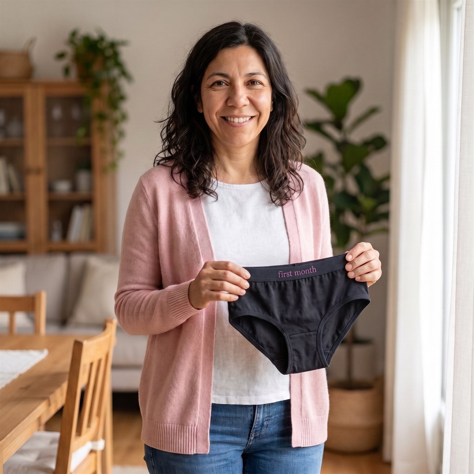 La fundadora de First Month, con la bombacha